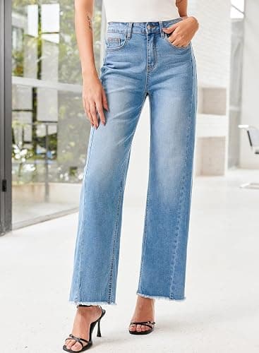 Sidefeel Women's Wide Leg Jeans High Waisted Strechy Raw Hem Zimbaplatinum Denim Pants thumbnail 3