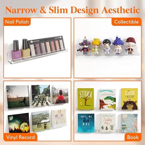 Lifewit 1.5" x 12" Narrow Floating Shelves for Vinyl Record 6 Pack, Clear Wall Shelves for Nail Polish/Book/Picture/Makeup, Acrylic Display Shelf Organizer for Bedroom, Living Room, Bathroom Decor thumbnail 7