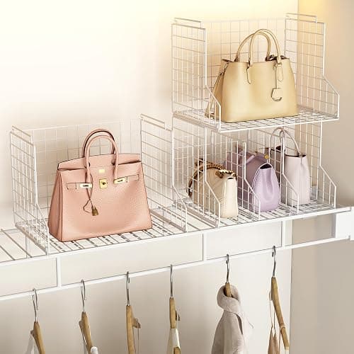 Sonyabecca Purse Storage Organizer for Closet : Adjustable 2-Pack Dividers Handbag Organizer - Stackable Wire Handbags Storage Baskets -Open Cabinets Wallets Tote Chain Bags Clutches -White thumbnail 6