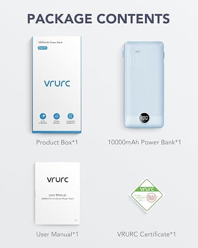VRURC Portable Charger Built-in Cables and AC Wall Plug, USB C Power Bank 10000mAh, Travel Essentials Phone Charger Compact Lightweight External Battery Pack for Smart Phones, Tablets etc-Blue thumbnail 8
