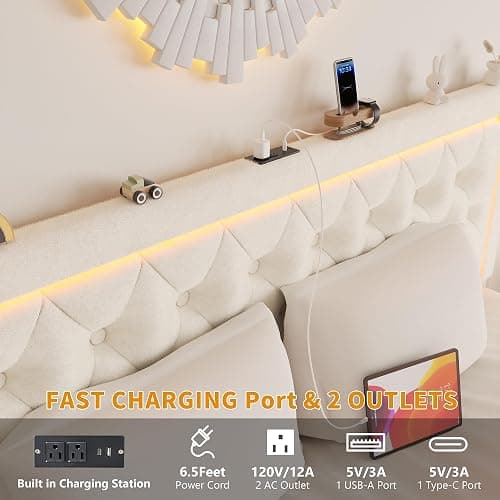 VOHOBY King Bed Frame with 4 Storage Drawers, Velvet Upholstered Bed Frame King Size with Charging Station and LED Lights, 46" Adjustable Button Tufted Headboard, No Box Spring Needed, Beige thumbnail 6