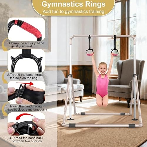 SHIWEI Gymnastics Bar for Kids, Gymnastic Kip Bar 5-Height Adjustable Home | Foldable, Indoor Outdoor Use, 140lb Capacity, for Ages 3-8, with Gymnastics Rings, Anti-Slip & Space-Saving Design thumbnail 5