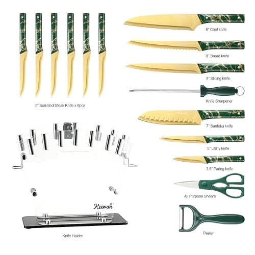 Keewah Knife Set, 16 Piece Kitchen Knives set with Acrylic Stand, Gold thumbnail 3