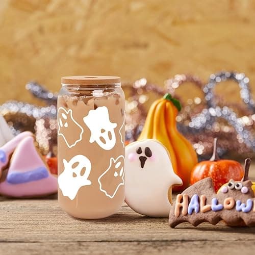 ANOTION Halloween Mugs - 18oz Halloween Ghost Decorations Glass Cups Tumbler for Iced Coffee, Glassware Cookie Jar Decor Gift Drinking Water Bottles thumbnail 6