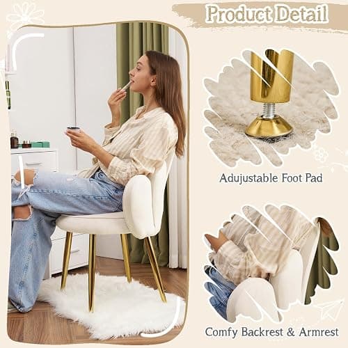 VINGLI Petal Makeup Vanity Chair with Back,Flower Cute Girls Desk Chair Comfy No Wheels,Modern Dining Chair,Small Accent Chair with Adustable Gold Legs&Bow Pillow for Home Office,Bedroom,Velvet,White thumbnail 6