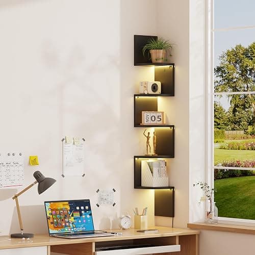 Qupui Corner Shelf Wall Mount with LED Light, 5 Tier Floating Corner Bookshelf, Plant Shelf for Bedroom, Floating Shelves for Wall, Display Stand for Living Room, Bathroom, Home Office, Black thumbnail 3