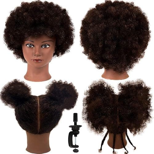 African Mannequin Head with 100% Human Hair Mannequin Head Curly Cosmetology Manican Mannequins Heads with Stand for Display Practice Braiding Styling Training Head Hair Styling - Image 1