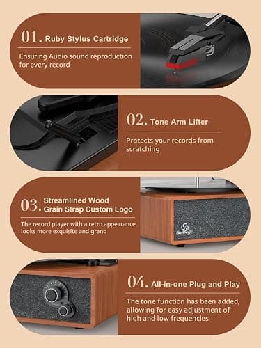 Vinyl Record Player Built-in Stereo Speakers Vintage Turntable Vinyl Records LP Phonograph Belt Drive 3 Speed 3 Size Support Wireless Input RCA Output Auto Stop Tone Adjustment Retro Wooden Walnut Red thumbnail 7