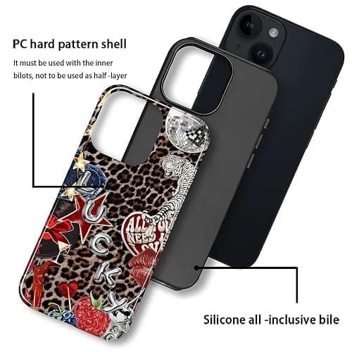 Compatible with iPhone 13 iPhone 14 Case - Dual-Layer Protection, Hard Shell with Silicone Interior,Slim Scratch Resistant Shockproof for Woman Men - Leopard Star Unique Collage thumbnail 4