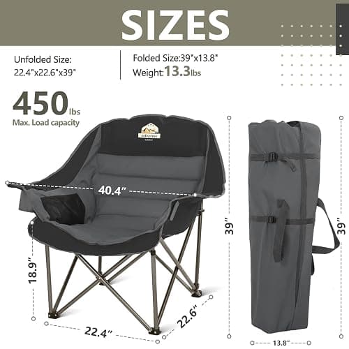 Colegence Oversized XL Padded Camping Chair Set of 2 Wide Heavy Duty Lawn Chairs Support 450 LBS Portable Folding Gaint Camp Chair for Outdoor Outside Sports Baseball Soccer-Black and Grey thumbnail 3