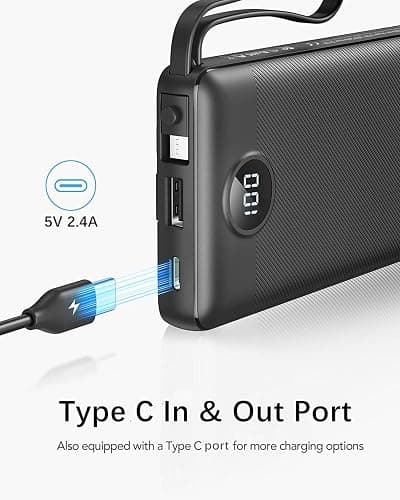 VRURC Portable Charger with Built in Cables, 10000mAh Travel Essentials Power Bank, 5 Output 2 Input LED Display External Battery Pack Compatible with iPhone,Samsung,Android-Black(1 Pack) - Black thumbnail 3