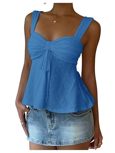 Milumia Women's Eyelet Tie Front Ruched Tank Tops Y2k Drawstring Sexy Going Out Top - Image 1