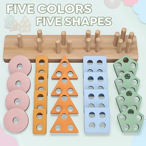 PEBIRA Montessori Toys for 1 2 Year Old, Wooden Sorting and Stacking Toys for Toddlers, Baby Shape Sorter and Color Stacker Blocks for Toddler, Preschool Learning Toy, Gift for 12-18 Month Boys Girls thumbnail 5