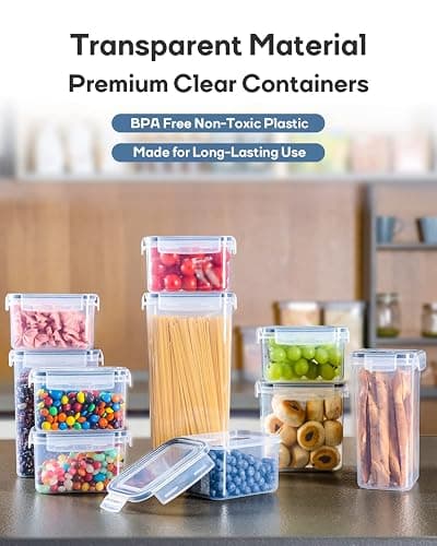 Airtight Food Storage Containers with Lids, Clear Pantry Canister Set for Kitchen Organization, Stackable Organizers for Flour, Sugar, Cereal, Rice, BPA Free Plastic 24 Pack with Different Sizes thumbnail 6