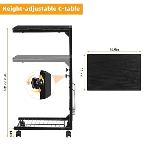 Shinoske Adjustable C Table - C Shaped Side Table with Wheels for Living Room and Bedroom,with Storage Mesh Basket,Slide Under Sofa or Use as Laptop,Black Willow thumbnail 3