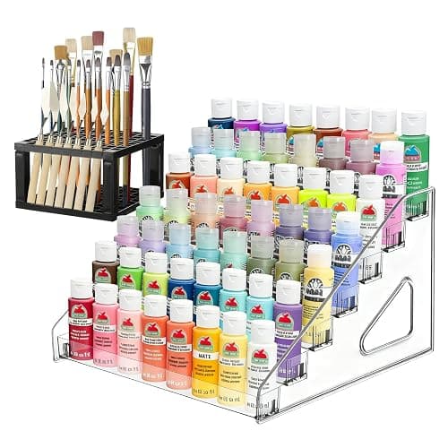 Sibosen Clear Paint Organizer With Brush Holder, 7 Layers Acrylic Paint Organizer Storage Rack, Craft Rack Miniature Holder Storage, Size for Small tube and jars - Image 1