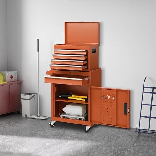 COSTWAY Large Rolling Tool Cabinet, 2-in-1 Detachable Metal Tool Chest with Drawers, Wheels, Handle & Hooks, Lockable Tool Box Trolley for Garage Workshop (5 Drawer with Adjustable Shelf, Orange) thumbnail 2