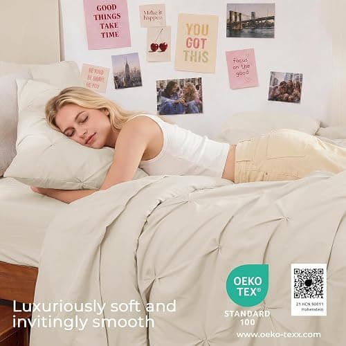 Sasttie Twin Comforter Set, 5-Piece Bed in a Bag, Pintuck Bedding Sets for All Season, Includes Comforter, Flat Sheet, Fitted Sheet, Pillowcase and Pillowsham, Beige thumbnail 3