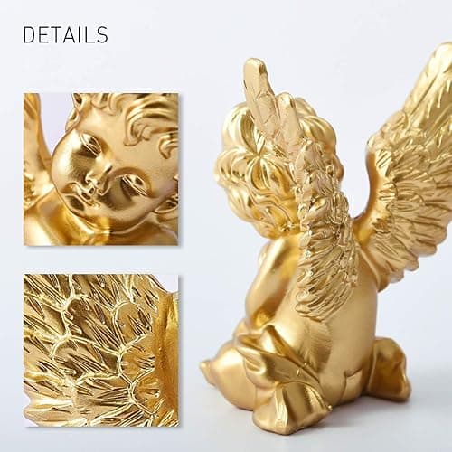 OwMell Set of 2 Cherubs Angels Resin Statue Figurine, Indoor Home Decoration, Adorable Angel Sculpture Memorial Statue 4" - Gold thumbnail 4