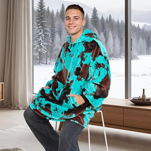 KIVEE Blue Cow Print Wearable Blanket Hoodie Oversized Fleece Sweatshirt Blanket with Giant Pocket Warm Cozy Hooded Blanket for Adult Cow Gifts for Women Men thumbnail 6