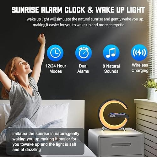 Smart LED Table Lamp, 4-in-1 Wireless Charger, Night Light, Alarm Clock, Bluetooth Speaker with App Control, Bedside Lamp with Charging Station for Bedroom, Office, Home Decor, Teen Girls Boys Gifts thumbnail 3