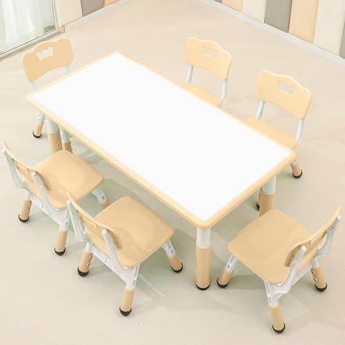 monleelnom Children's Table and Chair Set Suitable for Boys and Girls Age 2-12 Height Adjustable Table top Can be Painted with 6 Seats Suitable for Family Learning Daily use (Wood Color) - Image 1