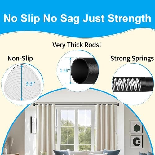 Tension Curtain Rod 51-86 Inch, Curtain Rod No Drilling for Window or Bathroom Closet, Outdoor Curtain Rods for Patio Tension Rod, Easy to Install, Never Rust, Rod Diameter 1.26 Inches - Black thumbnail 3