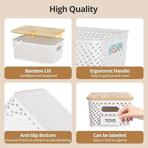 ZFTMRR Plastic Storage Bins with Bamboo Lids, Stackable Small Box Baskets for Organizing and Containers for Shelves Drawers Desktop Closet Pantry Classroom Office Home, 6 Pack 10.2x7.2x4.1 Inch, White thumbnail 4