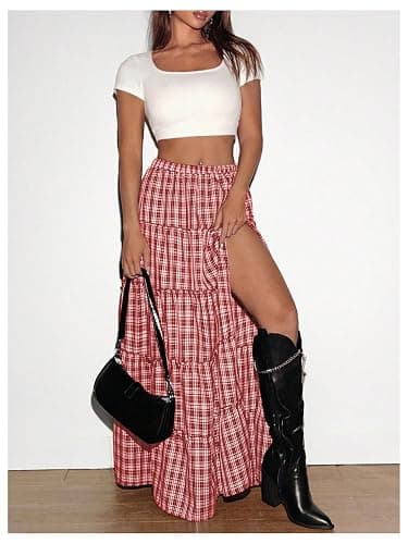SHENHE Women's Plaid Maxi Skirt High Slit A Line Flowy Tiered Ruffle Y2k Vintage Long Skirt thumbnail 5