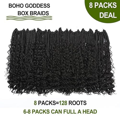 WoWCFyyds 8 Packs Crochet Braids Hair Curly 12 Inch Goddess Box Braids Crochet Hair Bohemian Hippie Braids Extensions with Curly Ends Synthetic Hair Extensions for Braids（1B） thumbnail 3