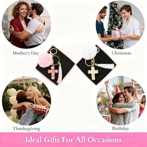Tinsparkwin 2Packs Cross Pom Pom Keychains Christian Keyring Tassels Plush Resin Jesus Key Chain Bag Charm Phone Key thumbnail 7