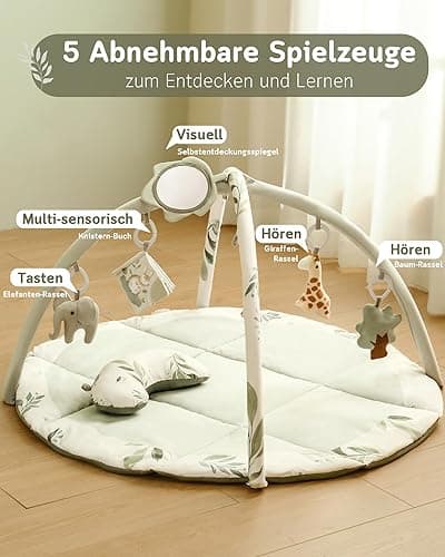 Fortella Spielbogen Baby, Spielmatte mit Bauchzeit Kissen und 5 Sensorik Spielzeug Abnehmbarem,Naturthemen Krabbeldecke für Babys ab der Geburt, Neugeborene & Kinder, 0-6-9-12 Monate-Salbeigrün - Salbeigrün thumbnail 5