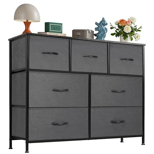 OLIXIS 7 Drawers Dresser for Bedroom, Fabric Storage Tower for Living Room, Entryway - Sturdy Steel Frame, Wooden Top & Easy Pull Fabric Bins, Closet Chests Organizer for Clothes, Classic Grey - Image 1