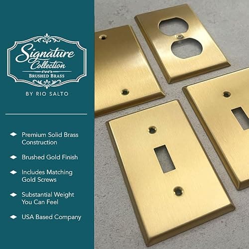 Rio Salto Toggle Light Switch Cover Plate MIDSIZE BRASS Outlet Covers Single Toggle Switch Plate Flip Switch 1 Gang Brushed Brass Gold Metal Decorative Wall Plates — Signature Collection 4.94" X 3.13" thumbnail 3