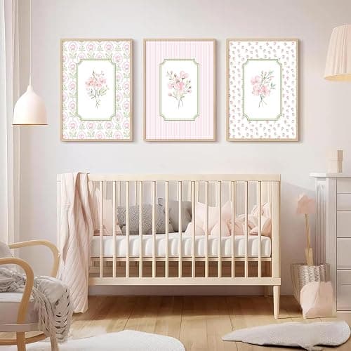Pink Floral Wall Art Nursery Flower Canvas Wall Decor Baby Girl Wildflower Pictures Aesthetic Striped Botanical Poster Prints Pink Green Floral Painting Artwork for Girl Room 12x16 Inch Unframed 3Pcs thumbnail 4