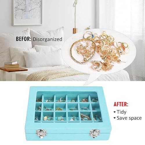 Vicoter Velvet Jewelry Box 24 Grid Jewelry Ring Display Organiser Box Tray Holder Earrings Storage Case for Girls Wife Mom Women (Light Blue) thumbnail 5