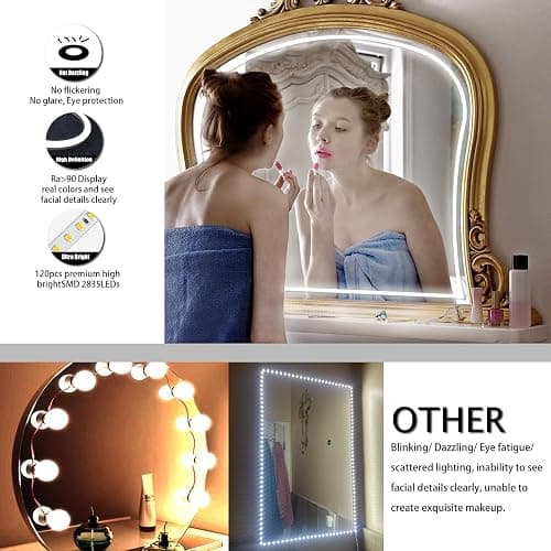 Blikshin LED Vanity Mirror Lights, Hollywood Style Makeup Lighting, 10FT/6000K/Dimmable/12V Adapter/Self-Adhesive Strip Lights for Mirror, Lighting for Makeup Vanity Table & Bathroom Mirror thumbnail 4