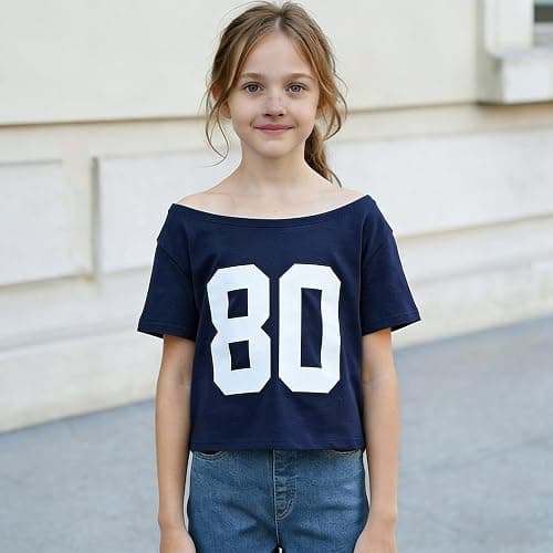 Weripoah Off The Shoulder Tops for Girls Cute Shirts for Teens Graphic Number Tees for Teen Oversized Jersey Y2K Shirt thumbnail 2