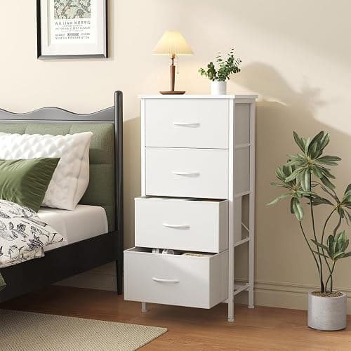 Sweetcrispy Dresser for Bedroom, 4 Drawer Storage Cabinet, Tall Nightstand | Small Fabric White Dresser for Closet, Chest of Drawers, Closet Organizer, Home Furniture, Sturdy Frame thumbnail 7