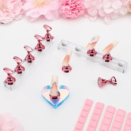 Nail Stand for Press Ons, Magnetic Fake Nail Holder for Painting Nails,Nail Stands for Nail Art with Reusable Putty Home Salon DIY Display Supplies (A-Pink) thumbnail 2