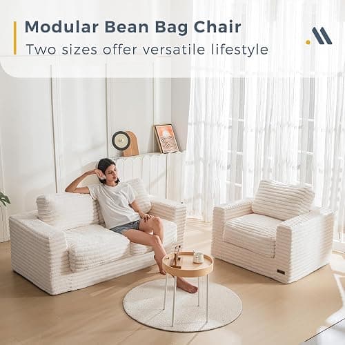 MAXYOYO Bean Bag Chair for Adults, Upholstered Loveseat Floor Sofa with Pillows and Armrests, Large Bean Bag Sofa Plush Couch for Bedroom Living Room, White thumbnail 8