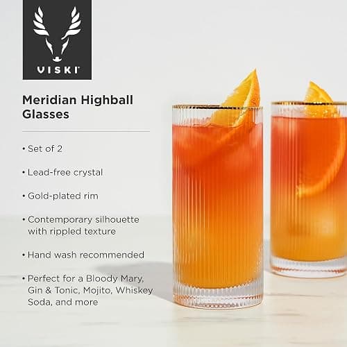 Viski Meridian Highball Glasses Set of 2 - Vintage Drinking Glass, Art Deco Ripple Glassware Design, 15oz Gold Rimmed Collins Glasses Set thumbnail 4