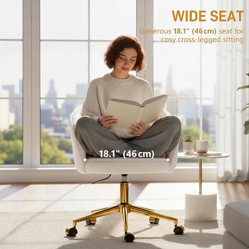 HOMCOM Swivel Office Chair, Teddy Fleece Upholstered Vanity Desk Chair with Adjustable Height, Rolling Wheels for Office, Makeup, Dressing Table, Cream White thumbnail 4
