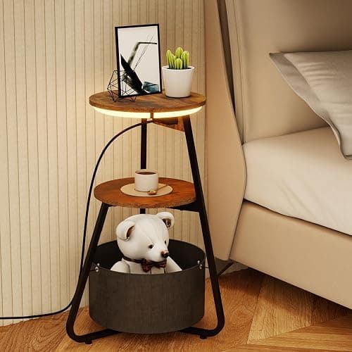ARTETHYS Side Table with Charging Station, Small Round Coffee Table with 3 Colour LED Lights and Storage Basket, End Table with 3 Tier Shelves, Bedside Sofa Side Tables for Living Room Bedroom thumbnail 2