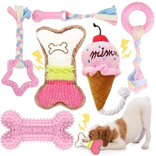 BAEJMJK 6 Pack Puppy Teething Toys Pink Small Breed Dog Chew Toys with Rope Cute Soft Rubber Puppy Toys Set for Cleaning Teeth Interactive Pet Doggy Bone Toys - Pink