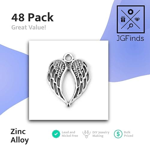 JGFinds Angel Wings Pendant Charm - 48 Pack Antique Silver Tone for DIY Jewelry Making Supplies; Small 7/8 Inch Metal Wings for Bracelet, Necklace, Earrings or Arts and Crafts thumbnail 2