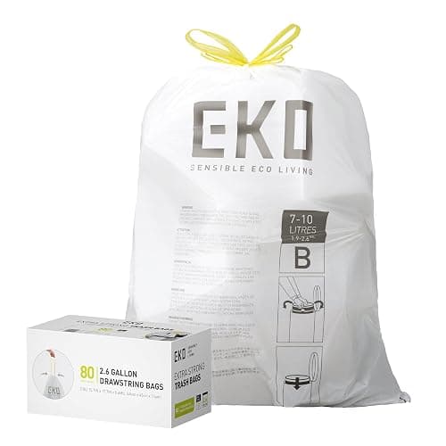 EKO 2.6 Gallon / 7-10 Liter, 80 Count Small Drawstring Trash Bags, Extra-Strong Unscented Garbage Bags, Easy-Dispense Roll for Kitchen & Household Use, Resists Tears, Leaks and Punctures, Code B White - Image 1