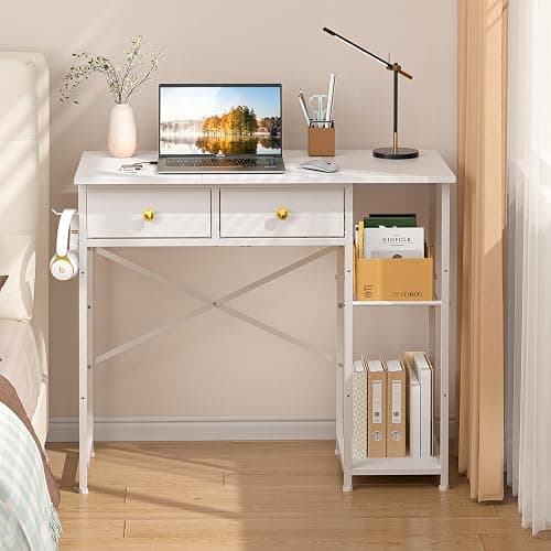 DAOUTIME White Computer Desk, 36 Inch Small Desk with Drawers, Home Office Desk with Storage Shelves for Bedroom, Living Room, Dorm, Vanity Desk for Small Spaces, White - Image 1