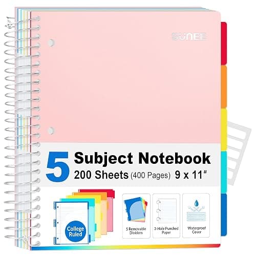 SUNEE 5 Subject Notebook College Ruled - 400 Pages, 9"x11", 5 Pocket Colored Dividers, 3-Hole Punched Paper, Pink - Image 1