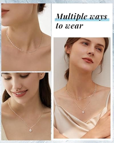 ACECHA Silver Layered Necklaces for Women, Dainty Singapore Chain Choker Necklace with Simple Diamond Pendant Trendy Charm Jewelry Gifts thumbnail 3